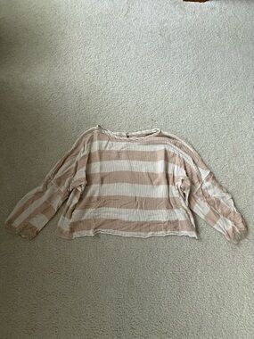 Free People Oversized Striped Boatneck Sweatshirt in Beige and Cream